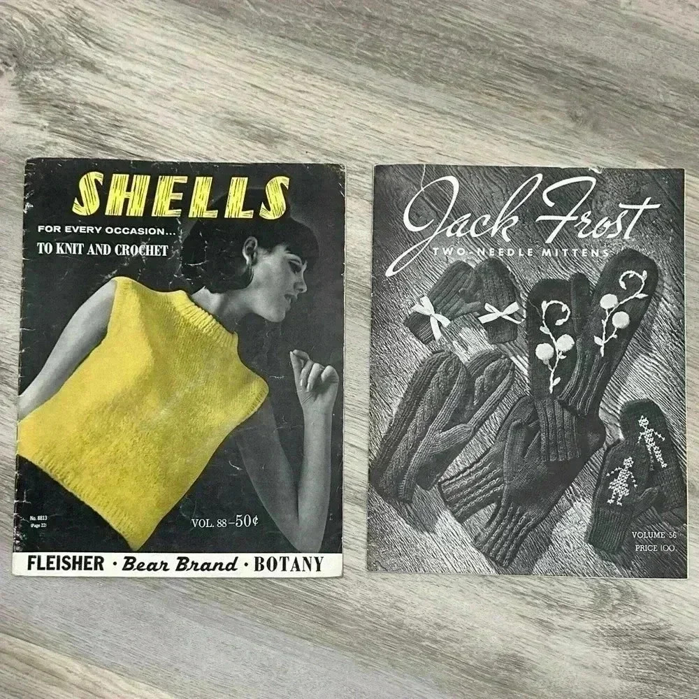 2 Vintage 1965 Crochet Knit Pattern Magazines Shells Vests Jack Frost Mittens